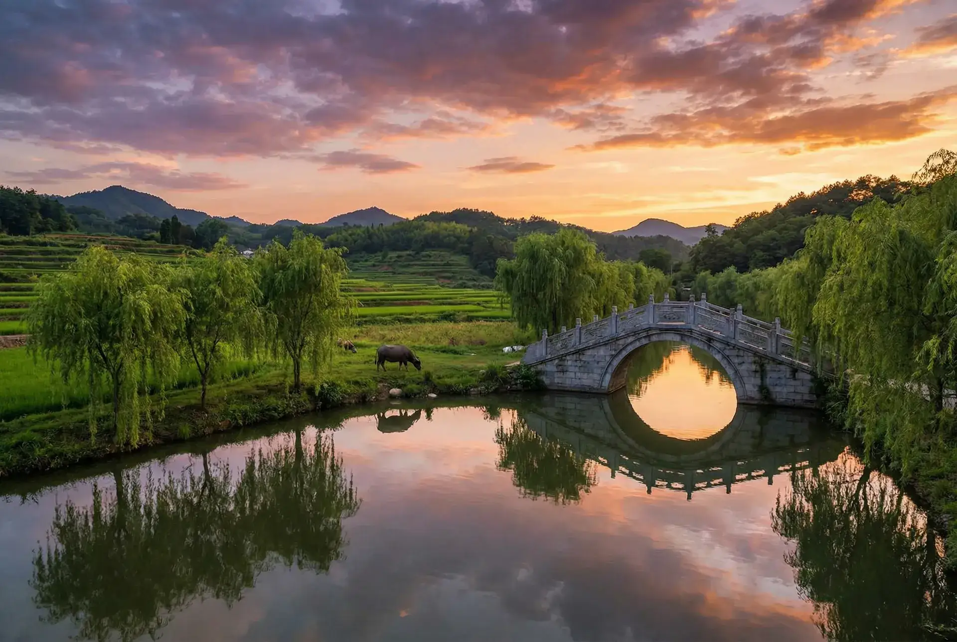 夕阳下的石拱桥与垂柳，水牛在河边吃草 - 啊灬啊灬啊灬快好深 乡村美景